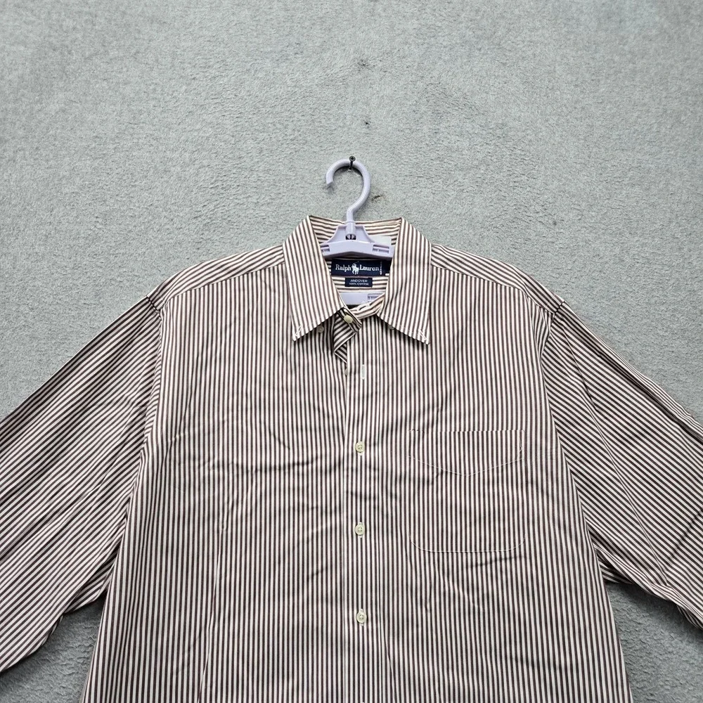 VINTAGE Ralph Lauren Men Button Up Shirt 16.5 33 Brown Striped Andover Cotton